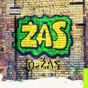 „ŽAS – U-Žas“ albumo viršelis su grafiti stiliaus „ŽAS“ užrašu ant plytų sienos, perteikiantis 90-ųjų hiphopo dvasią.