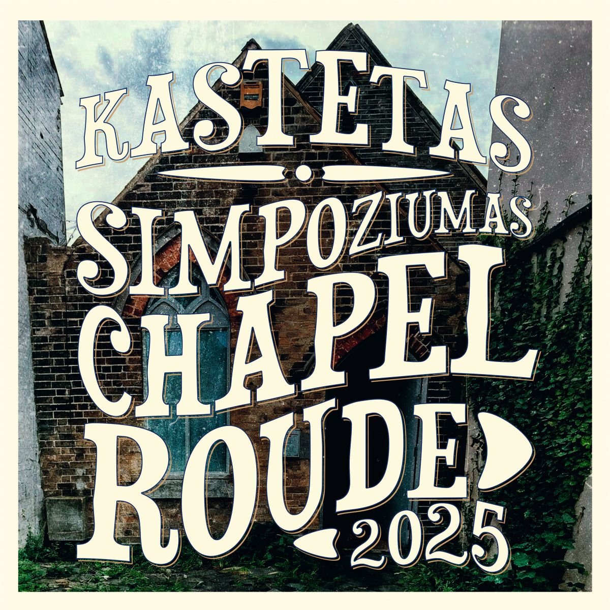 Kastetas Simpoziumas Chapel Roude vinilinė plokštelė Albumo viršelis turi ryškų, eklektišką ir šiek tiek mistišką stilių. Fone senas, apsamanojęs arba apiręs mūrinis pastatas, primenantis apleistą koplyčią ar istorinę architektūrą. Matosi arkiniai langai, senos plytos, žali vijokliai, sukuriantys nykaus grožio atmosferą. Dangus viršuje atrodo tamsokas, lyg artėtų lietus arba būtų vakaras. Didelės, retro stiliaus, šiek tiek išlenktos raidės, užimančios beveik visą viršelį. Baltas tekstas su tamsiais kontūrais išsiskiria ryškiai ir kontrastingai prieš foną. Tekstas išdėstytas dinamiškai, su dekoratyviniais taškais ir rodyklėmis, suteikiančiais plakato–festivalio estetiką.