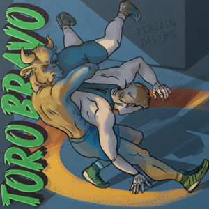 Albumo viršelis – iliustratyvus, komiksų stiliaus piešinys su stipria judesio ir kovos dinamika. Centre pavaizduota imtynių scena: žmogaus kūno, bet buliaus galvos personažas (tarsi mitologinis ar simbolinis kovotojas) pargriauna kitą atletą. Figūros raumeningos, judesiai išraiškingi, akcentuojama fizinė jėga ir konfrontacija.