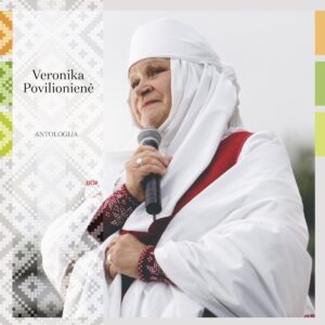 Veronika Povilionienė – Antologija vinilo viršelis: dainininkės portretas su tautiniu kostiumu ir mikrofonu