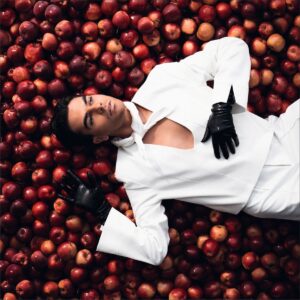 Vinilo albumo viršelis – vyras su baltu kostiumu ir juodomis pirštinėmis guli ant raudonų obuolių fono.