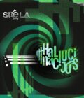 Vinilo albumo „Haliucinacijos“ viršelis – tamsus abstraktus dizainas su žaliais spiralės ir glitch stiliaus grafiniais elementais, centre stilizuotas albumo pavadinimas, viršuje grupės „Siela“ logotipas.