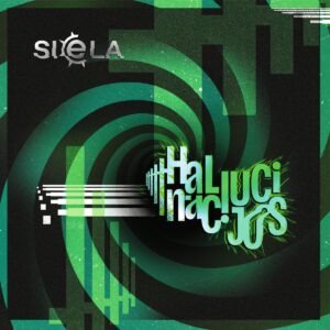 Vinilo albumo „Haliucinacijos“ viršelis – tamsus abstraktus dizainas su žaliais spiralės ir glitch stiliaus grafiniais elementais, centre stilizuotas albumo pavadinimas, viršuje grupės „Siela“ logotipas.