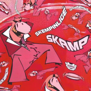 Albumo viršelyje pavaizduotas stilizuotas, komiksų stiliaus personažas su ilgu snukiu ir plačia šypsena, vilkintis rožinį kostiumą. Fone vyrauja ryški raudona spalva su taškinės (poparto) grafikos elementais. Aplink pagrindinį veikėją kartojasi mažesnės jo versijos įvairiose pozose, o taip pat matomas užrašas „Skamp“ ir „Skempinligė“. Dizainas atrodo dinamiškas, šiek tiek chaotiškas, su stipriu poparto / grafiti įkvėptu vizualiniu stiliumi.