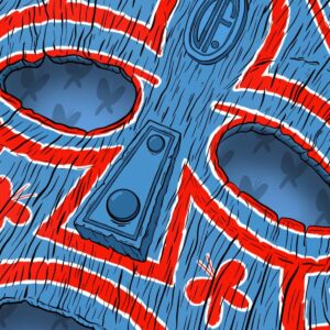 Vinilo albumo viršelio iliustracija: stilizuotas mėlynas paviršius su ryškiomis raudonomis linijomis, primenančiomis kraujagysles ar grafinius takus. Centre matyti abstraktūs išpjovimai ir geometrinės formos, suteikiančios industrinį, šiek tiek siurrealistinį dizainą. Modernus, kontrastingų spalvų (mėlyna ir raudona) meno stilius, tinkamas alternatyvios ar eksperimentinės muzikos albumui