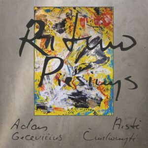 Vinilo plokštelė „Ritmo Piešinys“ – Adas Gecevičius ir Aistė Čiurlionytė. Abstraktus spalvingas viršelis su geltonų, mėlynų, juodų ir baltų potėpių kompozicija pilkame fone.