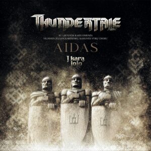 „Thundertale – Į karą jojo“ vinilo plokštelės viršelis su trimis akmeninėmis karių skulptūromis, tamsiu fonu ir metal stiliaus logotipu.
