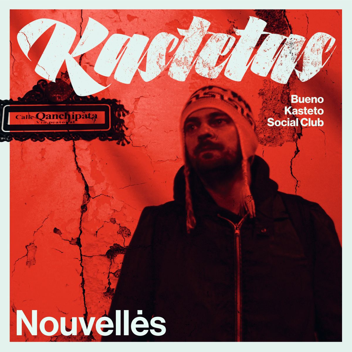 Vinilo albumo „Kastetas – Nouvellės“ viršelis raudoname fone su atlikėjo portretu.