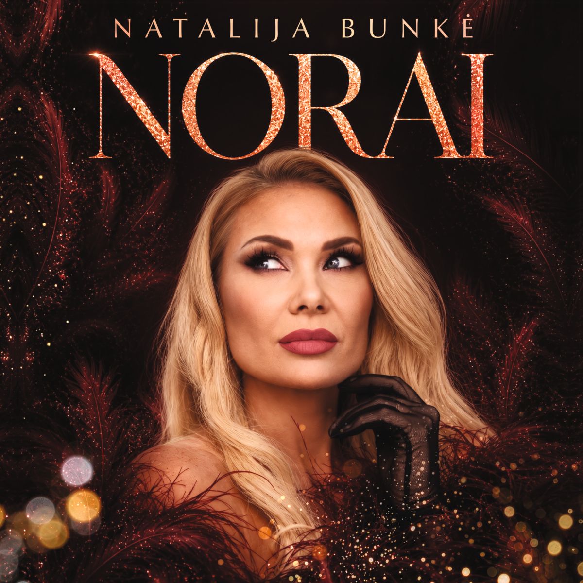 Natalija Bunkė – Norai, vinilo albumo viršelio nuotrauka su atlikėjos portretu, tamsiame fone ir blizgančiais dekoratyviniais akcentais