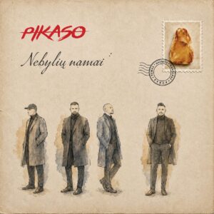 Pikaso – „Nebylių namai“ vinilo albumo viršelis, smėlio spalvos fone pavaizduoti keturi grupės nariai tamsiais paltais, viršuje raudonas „Pikaso“ logotipas ir juodu kursyvu užrašytas albumo pavadinimas, dešinėje – gintaro spalvos akmuo pašto ženklo motyve.